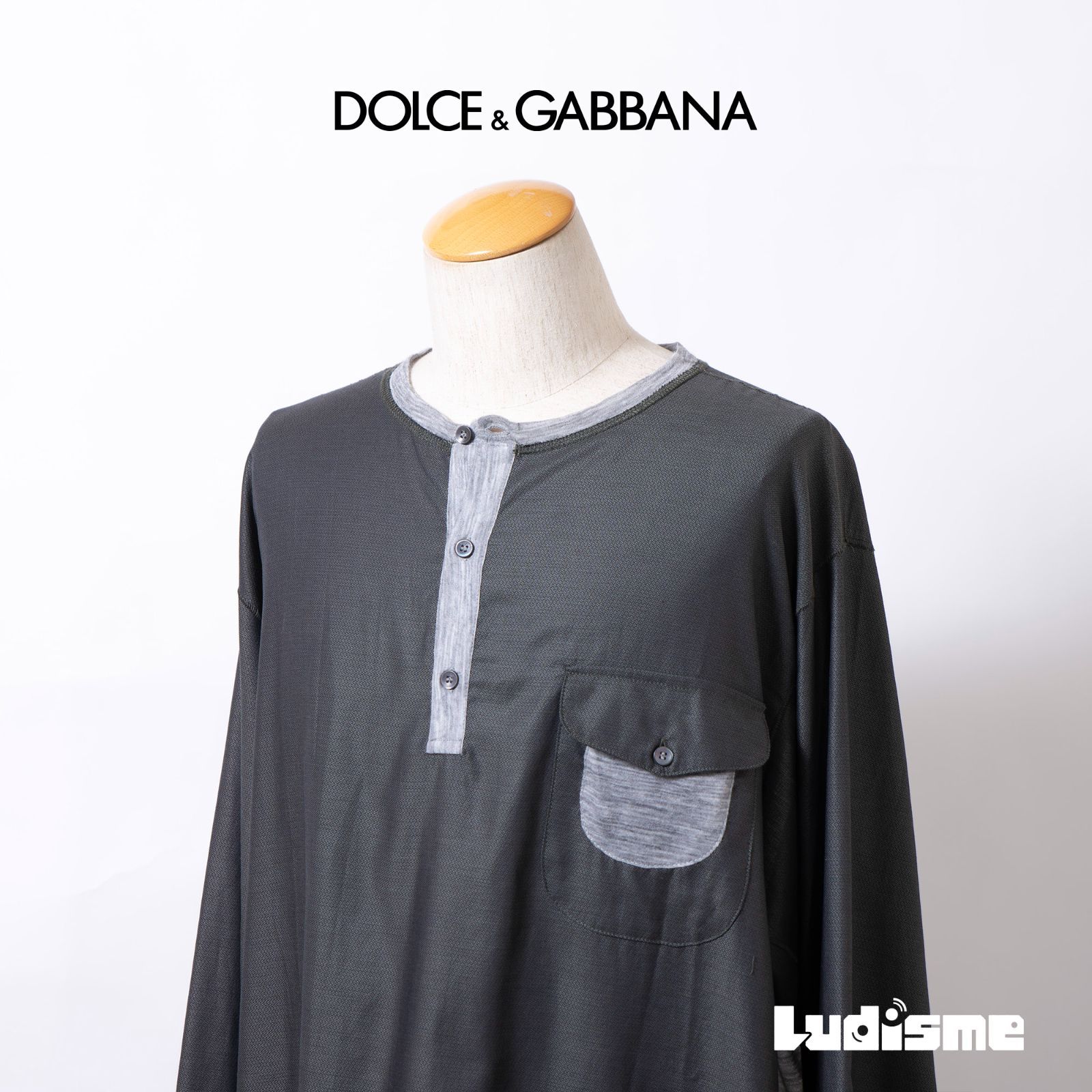 ドルチェ＆ガッバーナ DOLCE-GABBANA ヘンリーネック 長袖カットソー 切替デザイン カーキ×グレー 再構築 ドッキング ポケットTシャツ 56 メンズ イタリア製 トップス ロンT グランパシャツ スモックシャツ