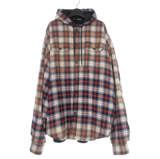 バレンシアガ BALENCIAGA 23SS BLEACHED PLAID HOODED SHIRT チェック柄 中綿 フードシャツ 長袖 XXS レッド 赤 699223 TMM05 正規