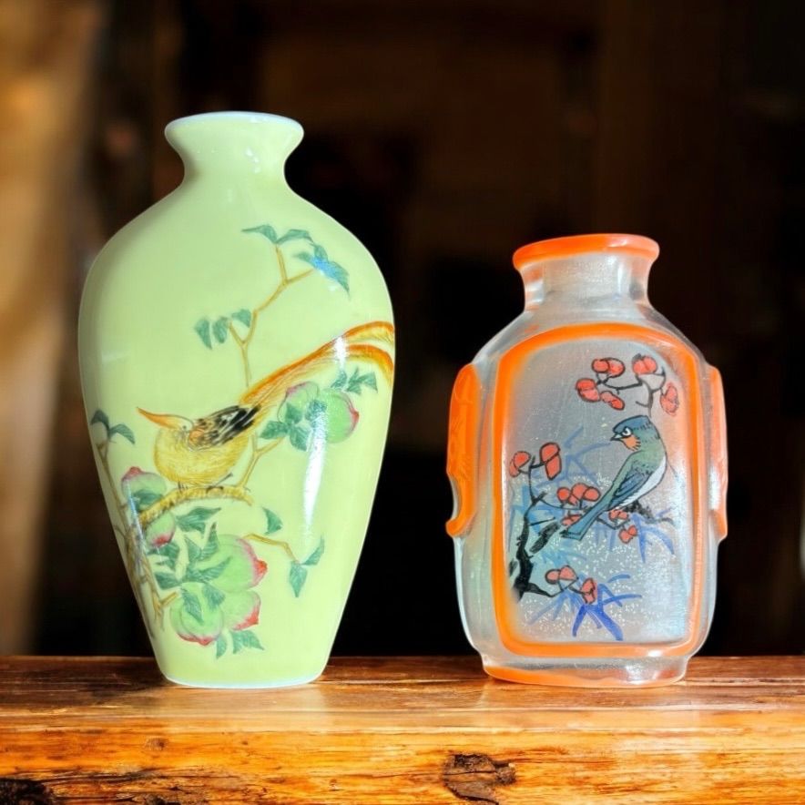 唐物　鼻炎壺　飾り物　時代物　 民芸品　 置物　コレクション 2個セット】 鼻煙壺 中国美術 伝統工芸 中国 小瓶 梅 鳥