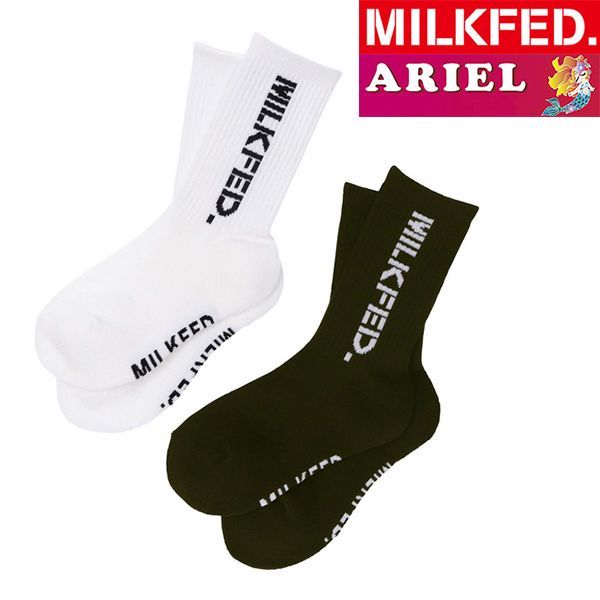 靴下 ソックス ミルクフェド MILKFED くつ下 2足組 レディース MILKFED SIDE STENCIL SOCKS SET 103228054002 白 黒 ブラック ホワイト 縦ロゴ