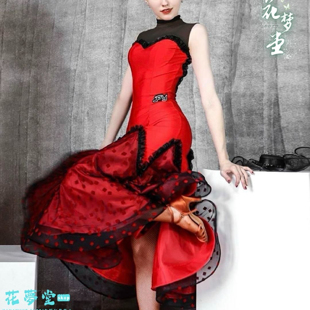 社交ダンス ドレス ダンスドレス 裾広 赤 黒 ノースリーブ モダン