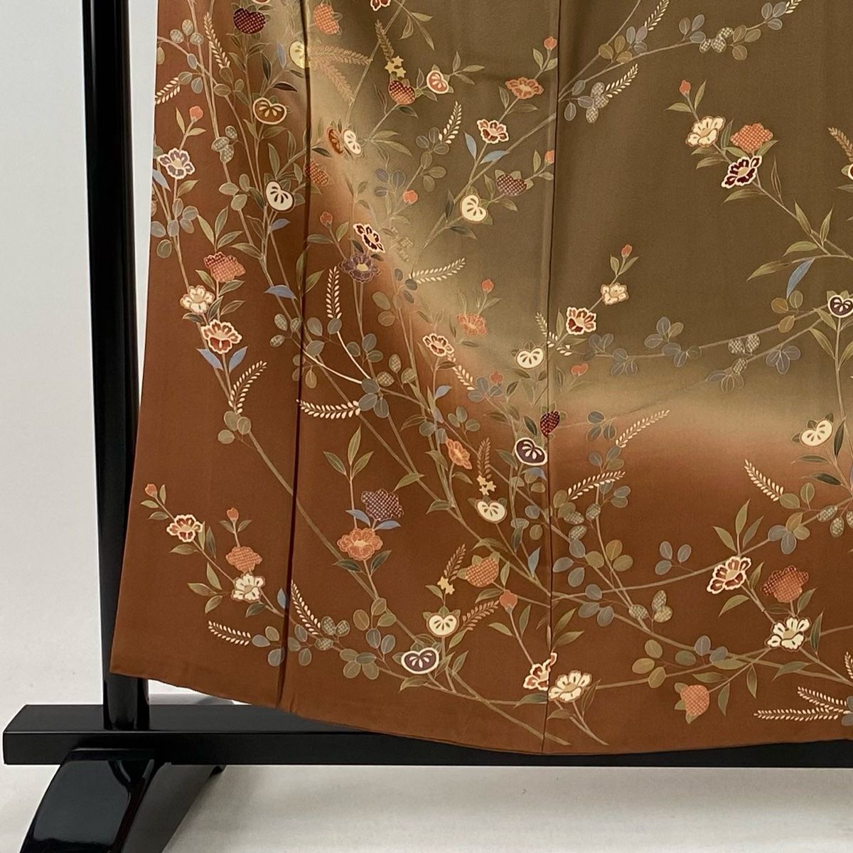 訪問着 身丈156.5cm 裄丈62cm S 袷 橘 草花 金糸 染め分け 茶色 正絹 秀品