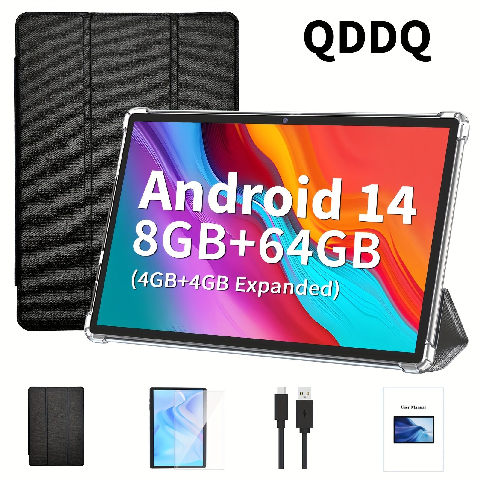QDDQ Androidタブレット 10.1インチ保護ケース付き 64GBストレージ RAM 8GB 4GB 4GB拡張 Android 14システム 5 8MPデュアルカメラ FHDタッチスクリーン WiFi対応 Type-C