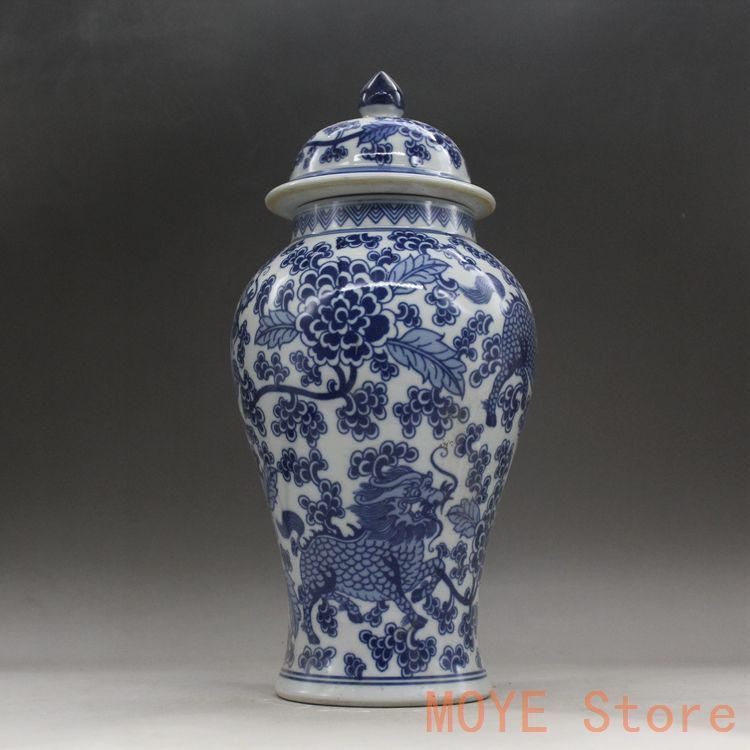 青花釉下彩麒麟花将軍缶 景徳鎮 陶磁器 装飾品 現代工芸品 美術品 置物 青花釉下彩麒麟花将軍缶 景徳鎮 陶磁器 装飾品 現代工芸品 美術