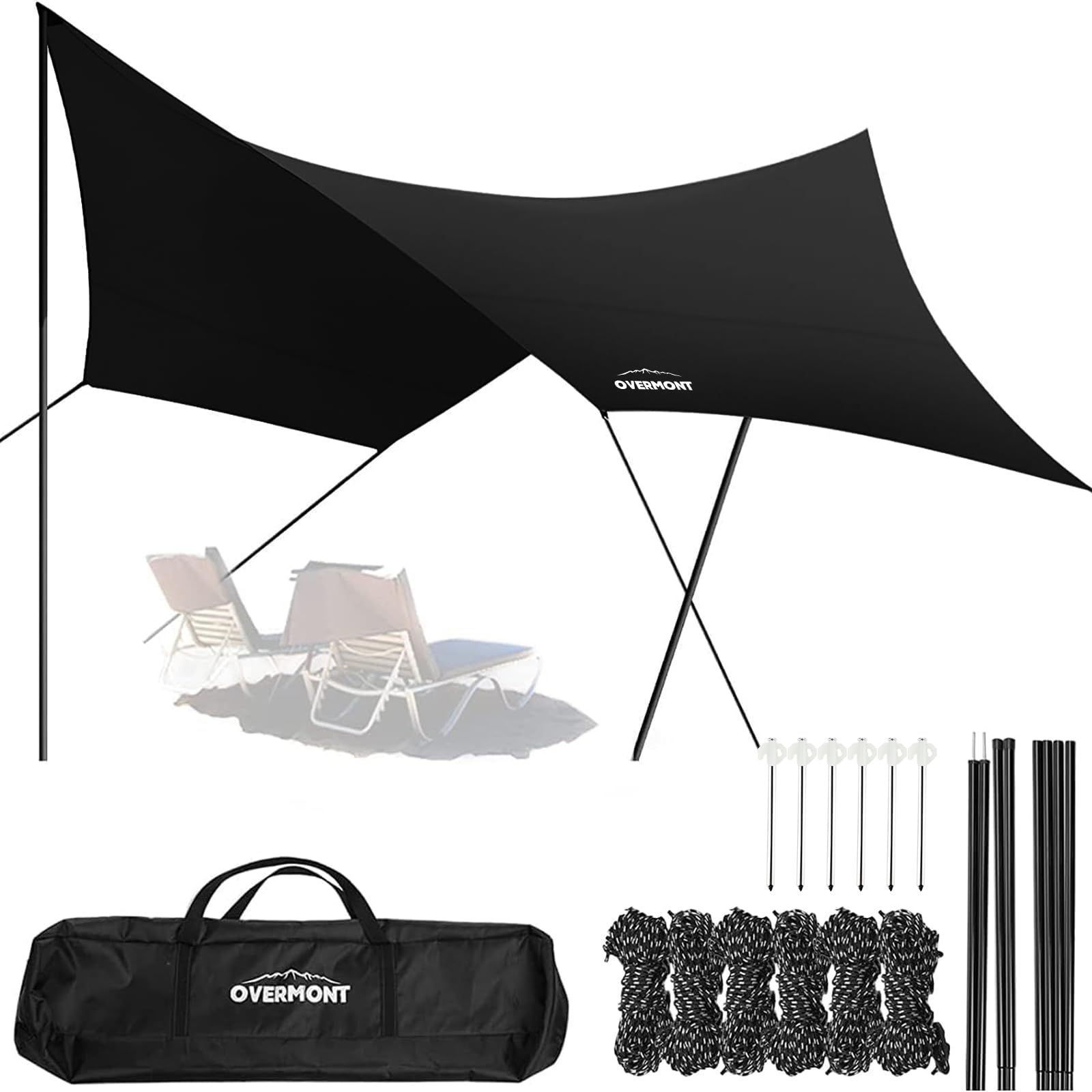 Overmont Waterproof Tarp, 5m x 5m, Hexa Tarp with Poles, 3000mm, Water Pressure Resistant, Large Flame Retardant, Bonfire Compatible, Can Work with Tents, UV Treated, Heat Shielding, Light Shielding, Camping Gear, Outdoor Storage Bag Included