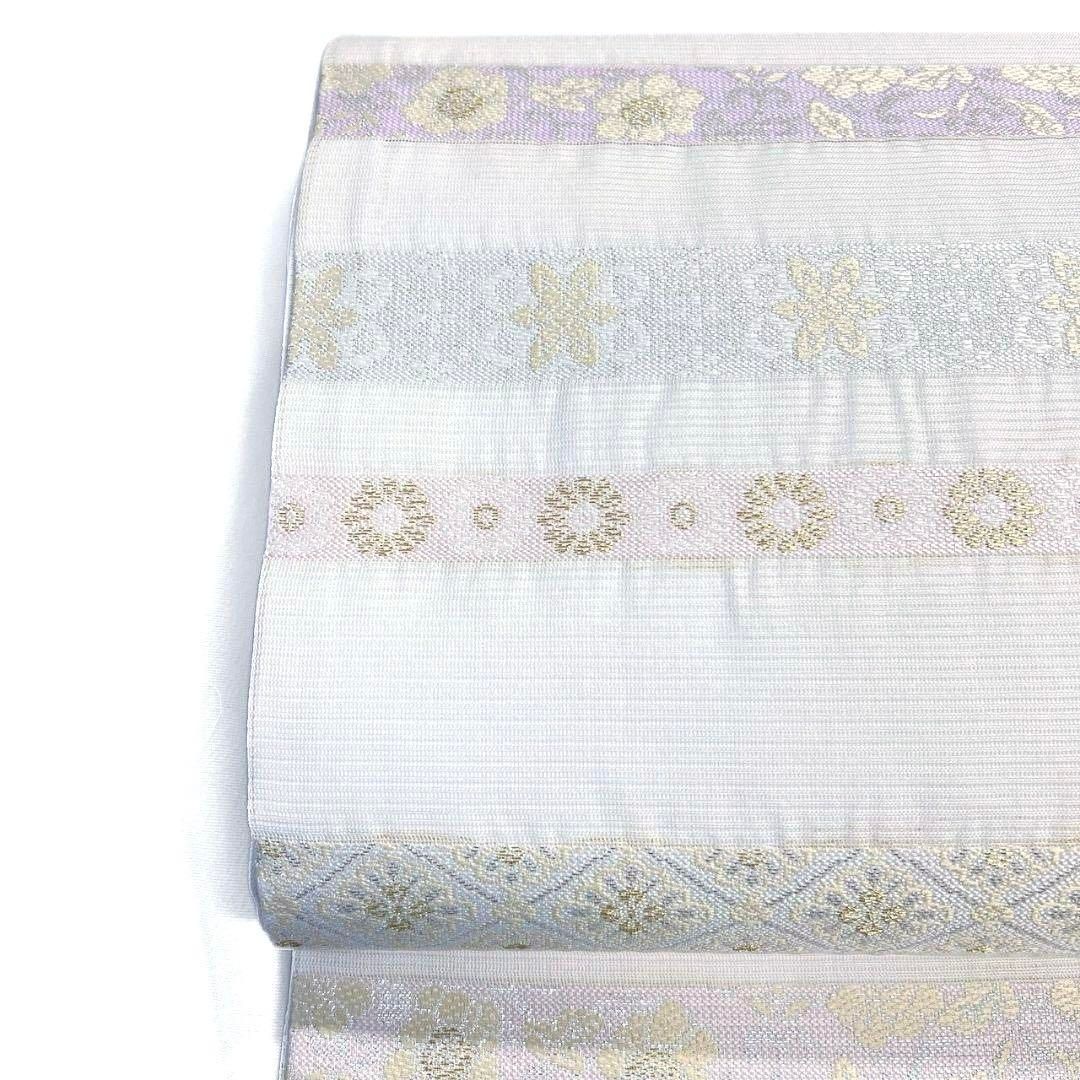 未着用　花菱　花紋　金糸　名古屋帯　着物　032a p 未着用 袋帯 夏用 絽 西陣織 横縞 花菱 白地 金糸 着物 092a p - メルカリ