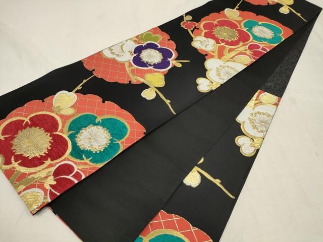 平和屋着物▽振袖用 六通柄袋帯 雪輪梅文 モール 黒地 金糸 正絹