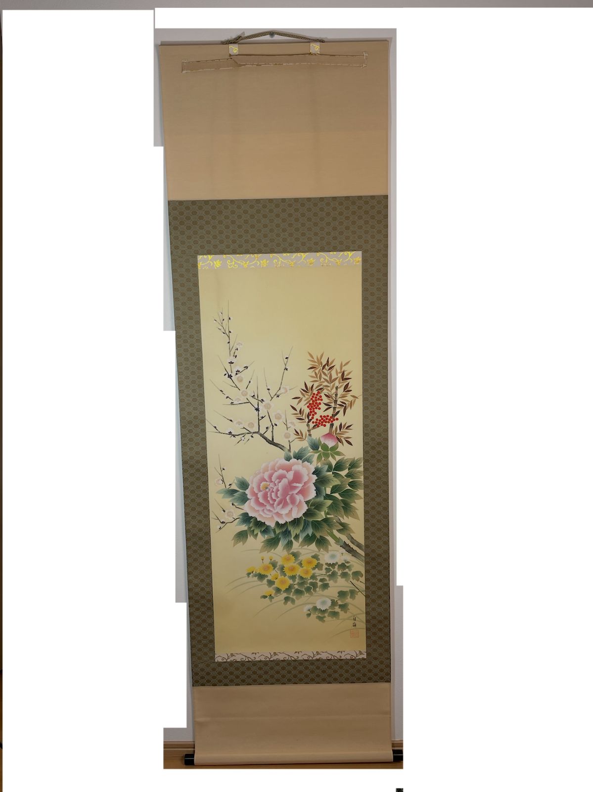 四季草花 掛軸 日本の宝 和の象徴 雪洞作 筆者宮内白嶺 証明書＆ 昭和時代