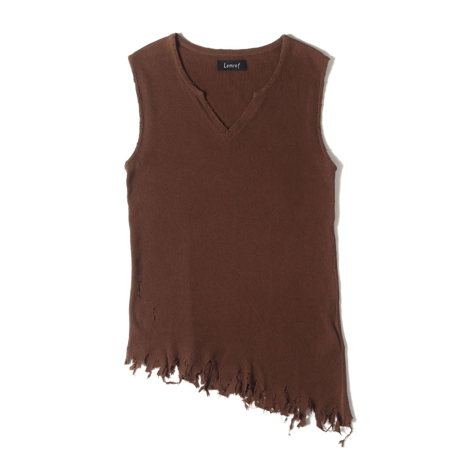 Lamrof ラムロフ タンクトップ ブラウン サイズ 1 | 24SS ダメージ加工 サーマル ノースリーブ タンクトップ BORO SLANTED SLEEVELESS LM-24SS-CT01 | トップス | 日本製 メンズ