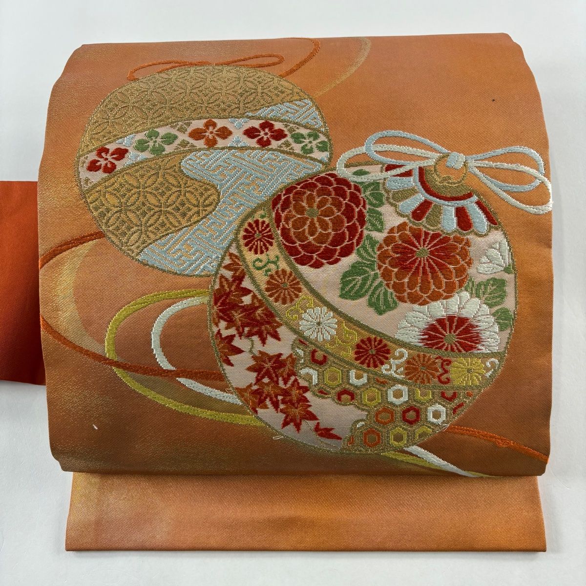 未使用【 名古屋帯/絽 】正絹 オレンジ 紫陽花 刺繍 薄物 夏物
