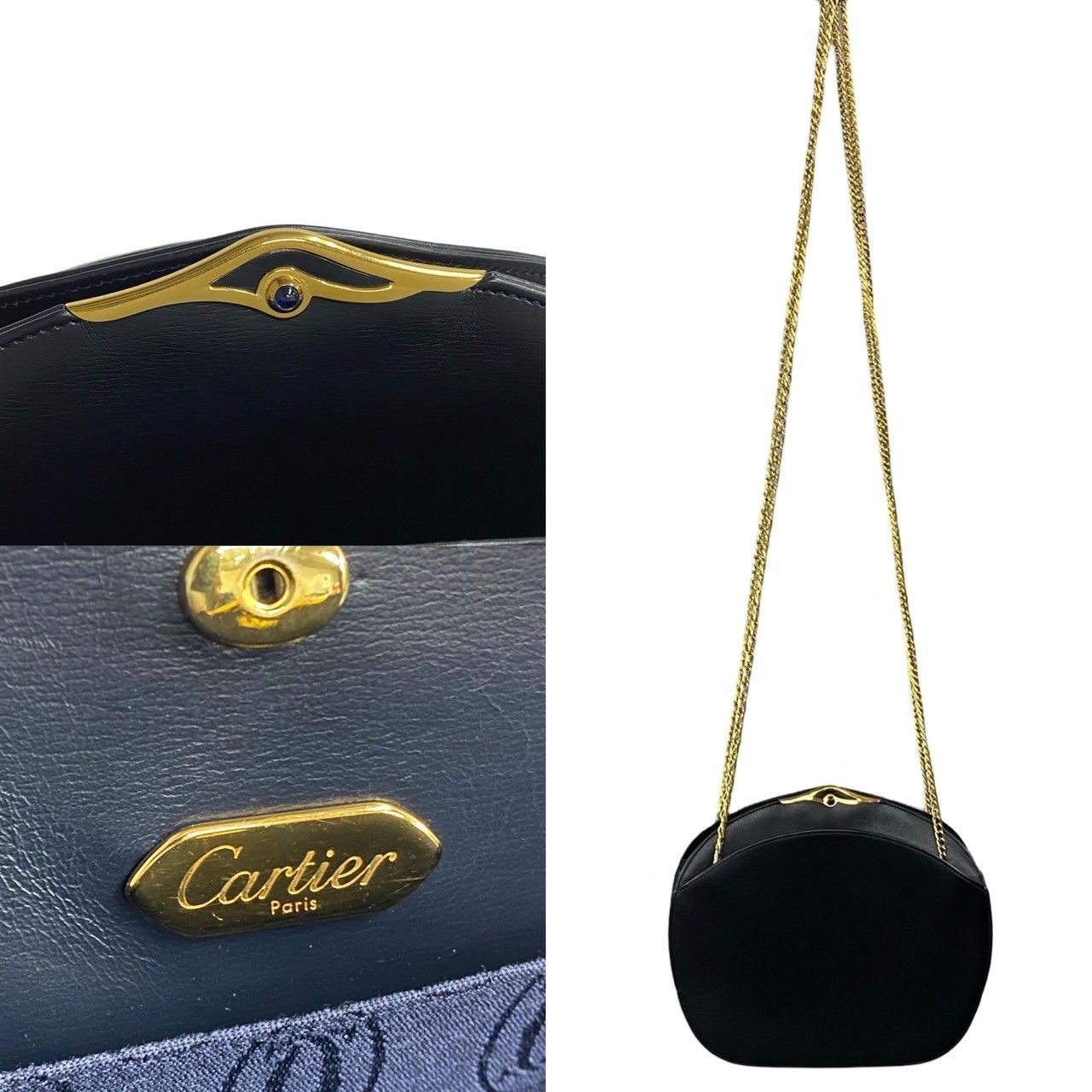 極 美品 カルティエ サファイアライン レザー ショルダーバッグ ポシェット 紺 Cartier 美品 カルティエ サファイアライン ヴィンテージ 斜め