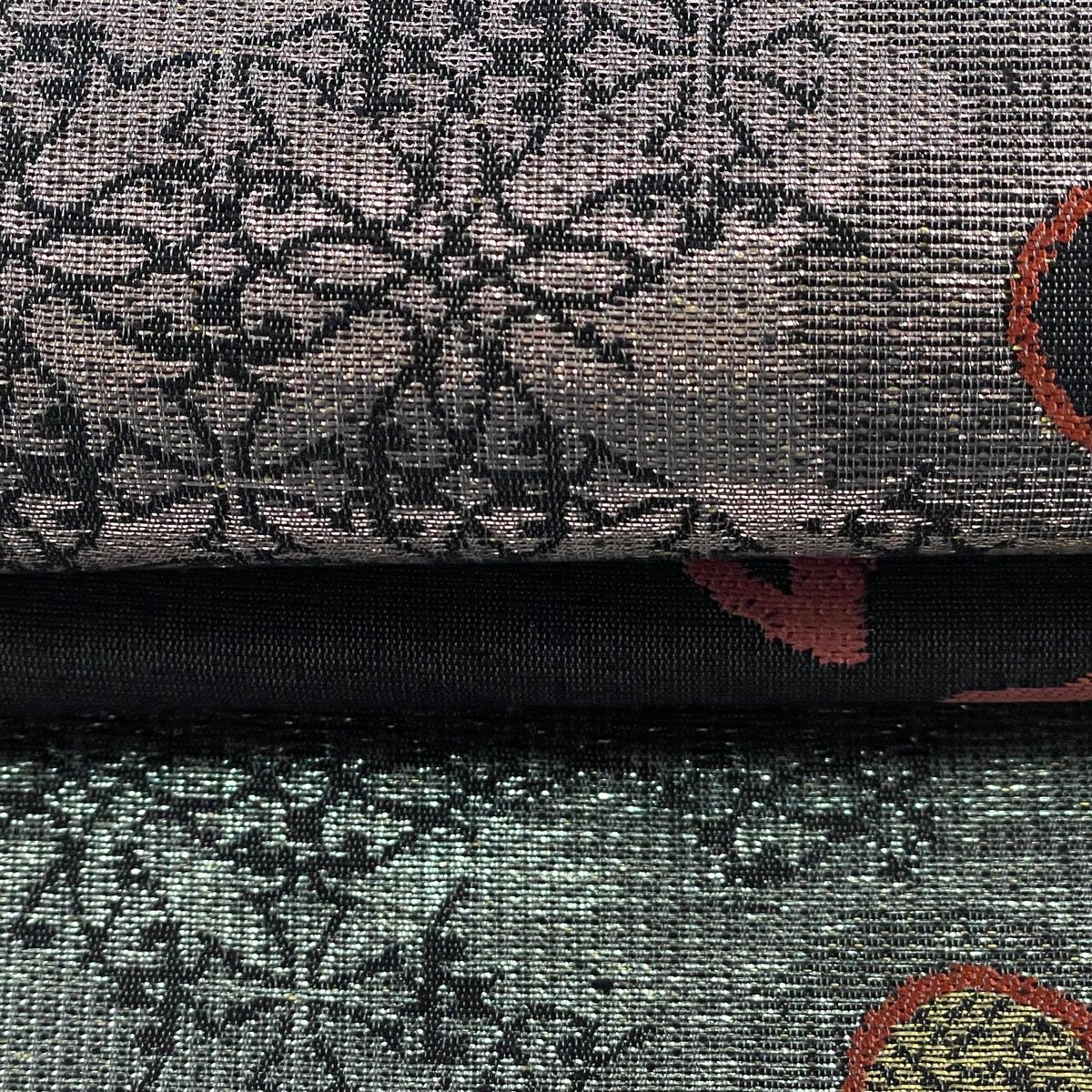 袋帯 美品 名品 紬地 雪輪 麻の葉 箔 ラメ箔 黒灰 六通 正絹 【中古