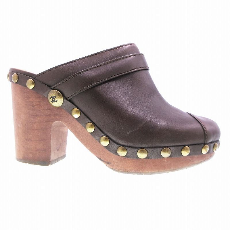 シャネル CHANEL サボ サンダル ウッドソール 厚底 レザー ココマーク  