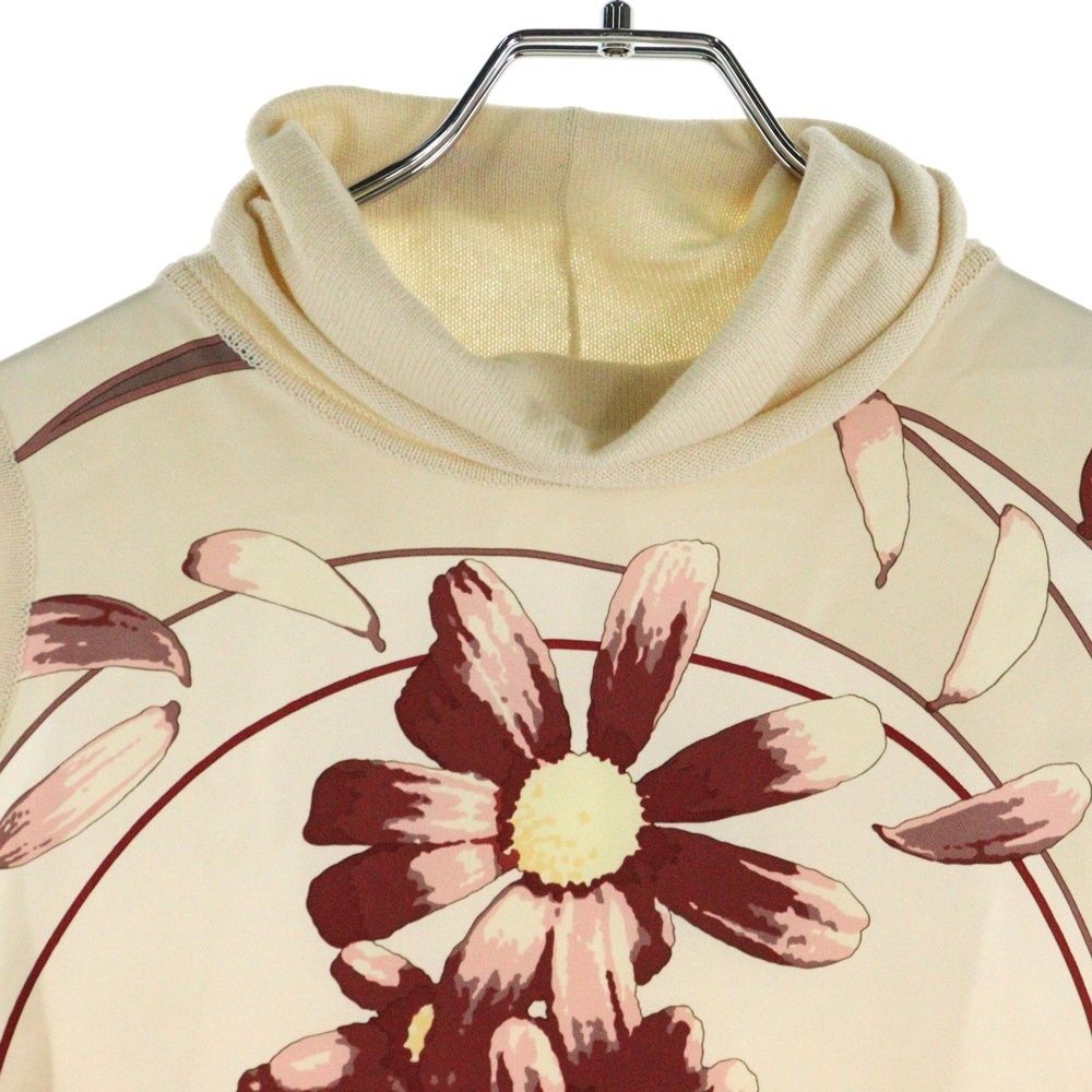  HERMES エルメス マルジェラ期 シルク フラワー柄プリント スカーフ カシミヤ混 ニット切り替え タートルネック ノースリーブ トップス ベスト ベージュ レディース ベスト ジレ ビスチェ トップス