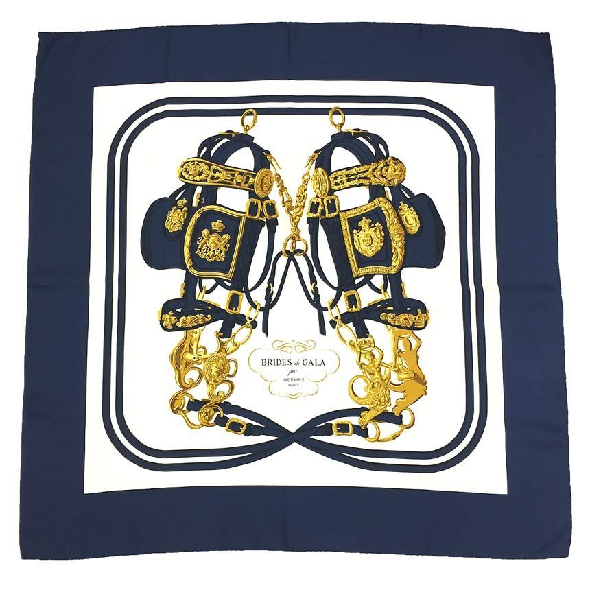 美品　HERMES　エルメス　スカーフ　BRIDES de GALA　式典用の馬勒　ネイビー　aq8963