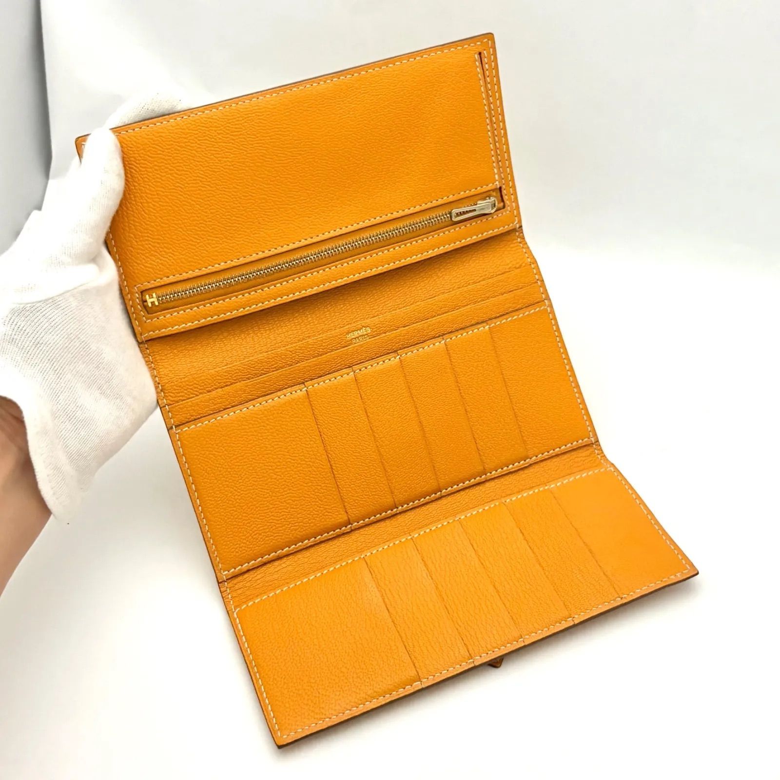 HERMES オレンジ 三つ折り財布 希少】HERMES エルメス 三つ折り財布 べアン デュプリ長財布