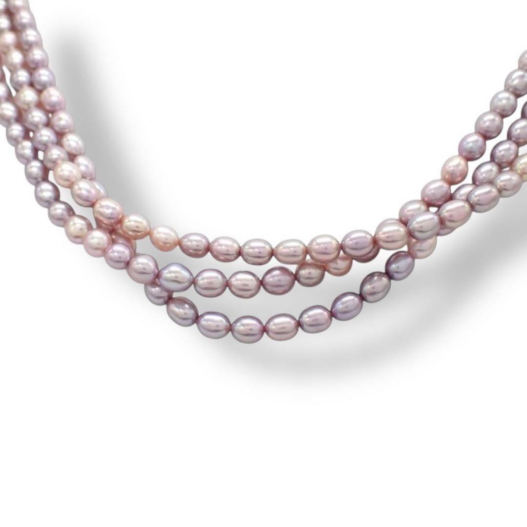 タサキ 3連 パール ネックレス マルチカラー パープル S シルバー 3659