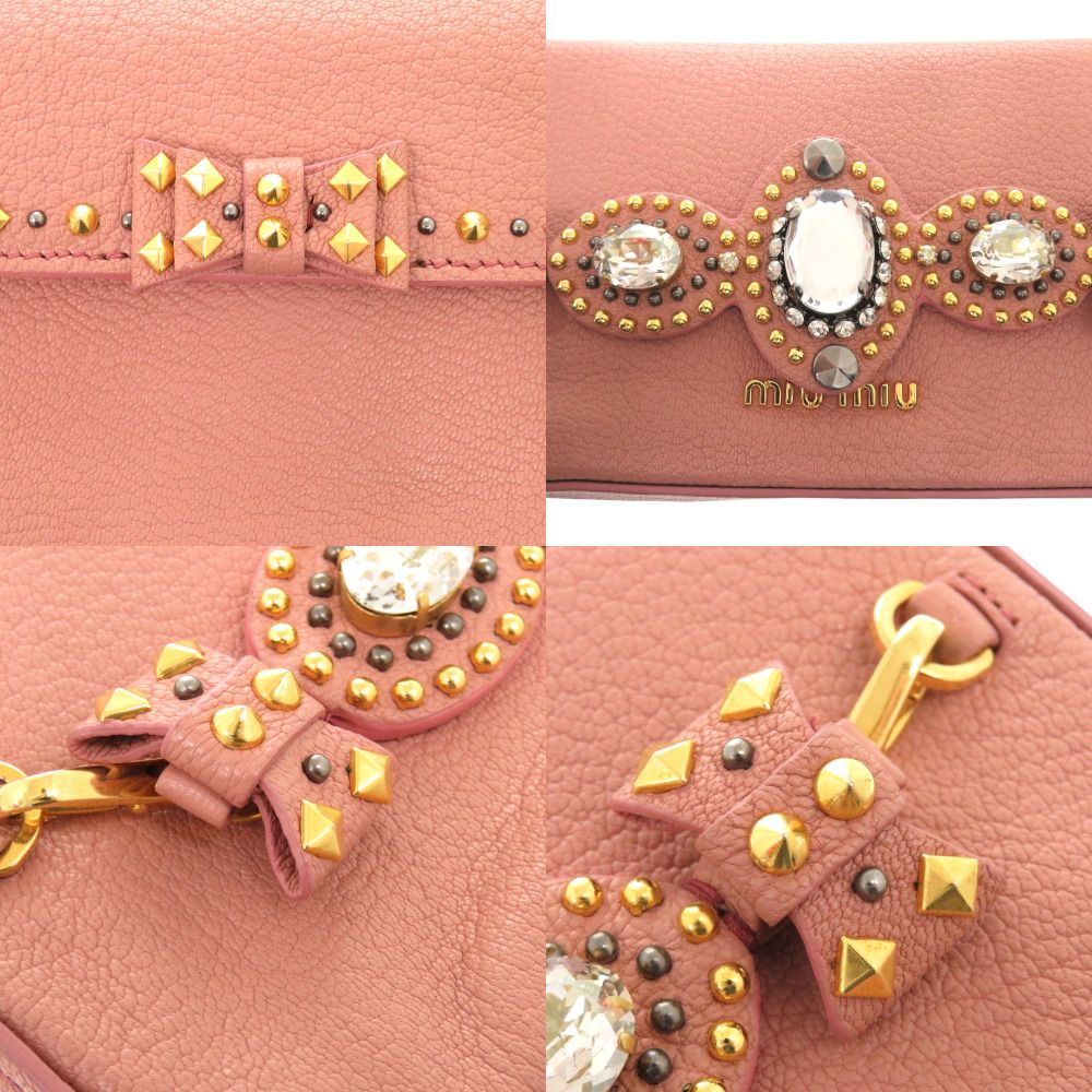 美品 ミュウミュウ リボン ビジュー スタッズ レザー ストーン