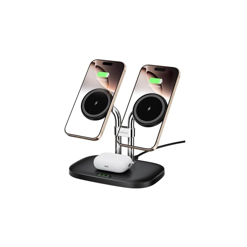 iPhone 17 16対応 ワイヤレス充電器 2台 マグセーフ iphone 充電スタンド 2台同時 マグネット式 置くだけ iPhone 17 16 15 14 13 12シリーズ対応 AirPods Pro 3 4 Pro 2 Pro 3対応 Swa 0