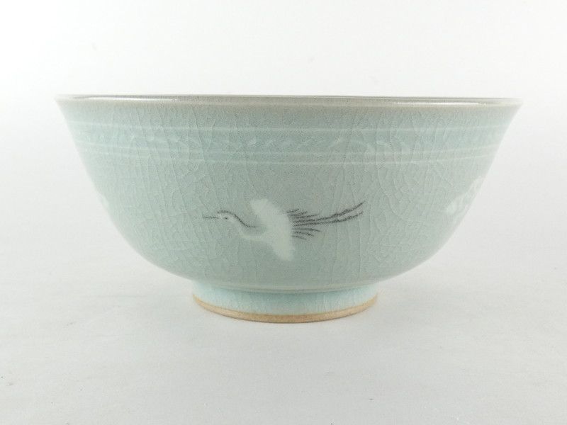 清宮】柳海剛(柳根瀅) 作 高麗青磁 雲鶴文 茶碗 共箱 高さ 約6.5