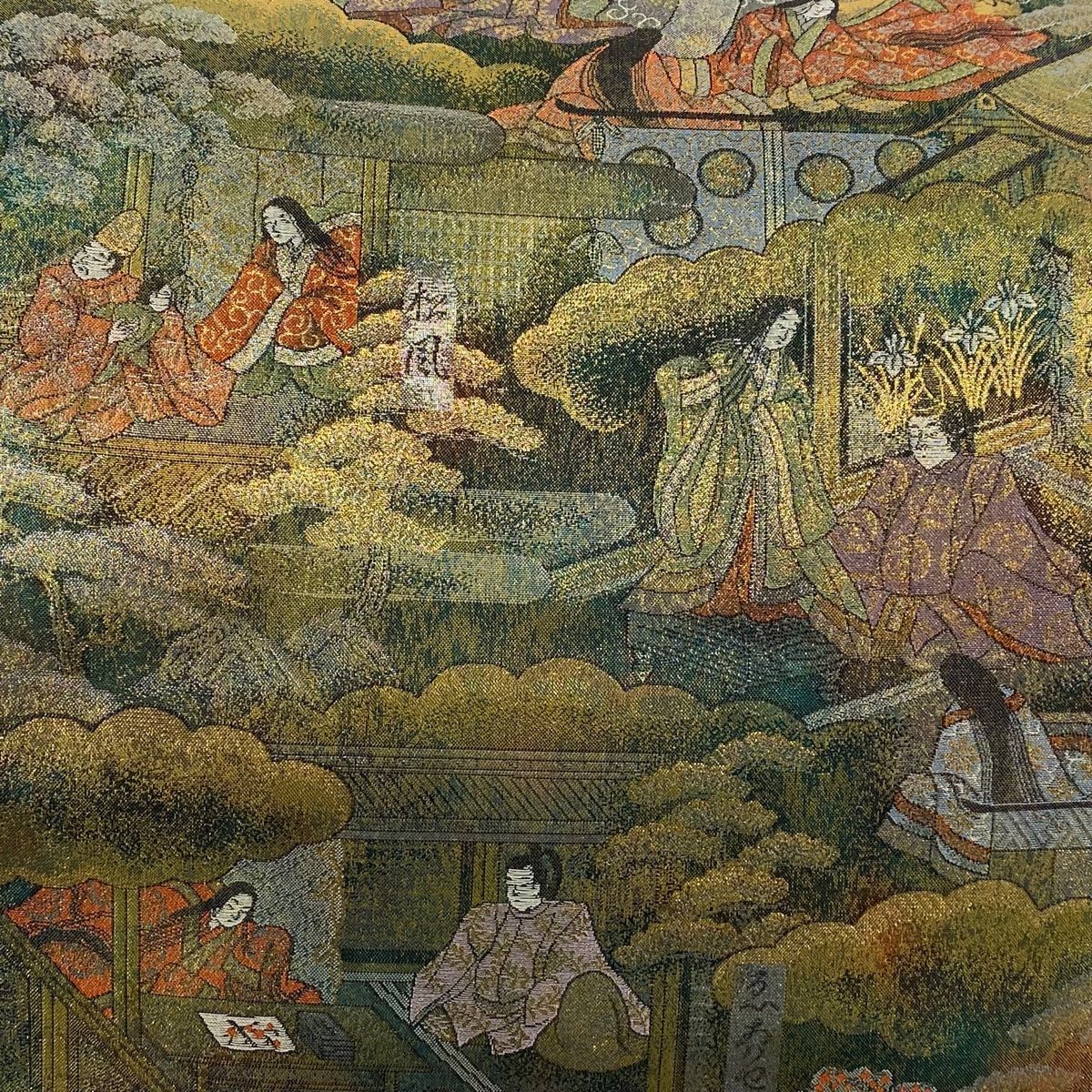 袋帯 美品 名品 24金プラチナ二重箔 源氏物語絵巻 緑 お太鼓柄 正絹 
