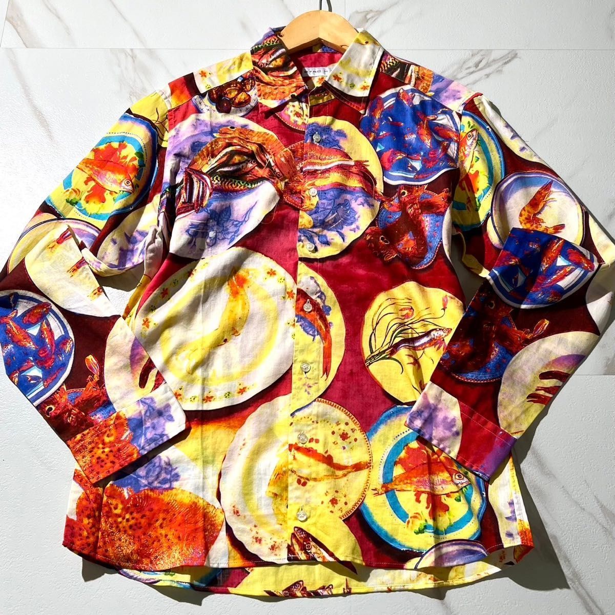 ETRO エトロ 柄シャツ 総柄 魚模様コットン ヴィンテージ 和柄 長袖 