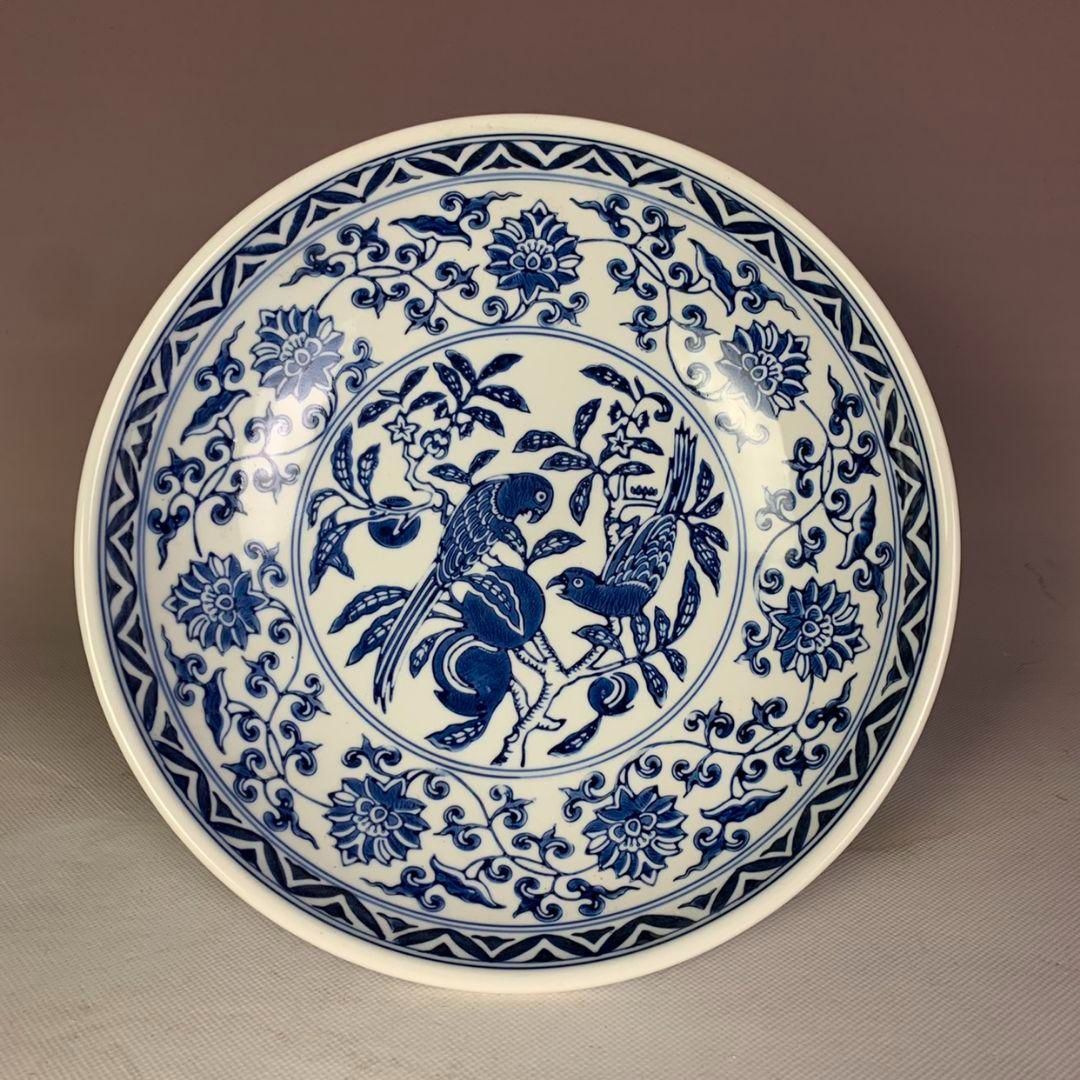 中国美術 青花富貴花鳥図大果盆 景徳鎮 陶磁器 装飾品 工芸品