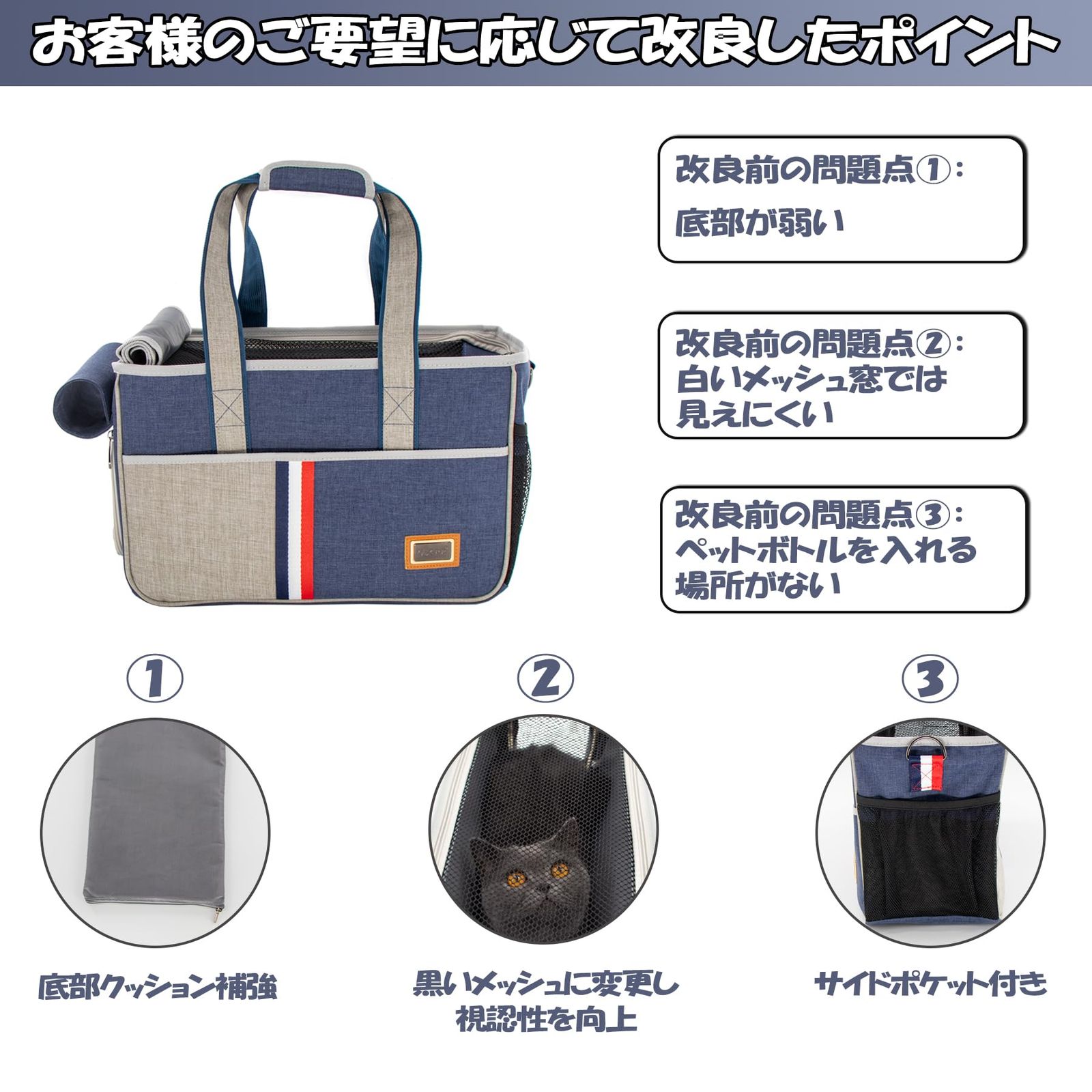 ミリオン　犬用キャリーバッグ ネイビーとグレー ミリオン 犬用キャリーバッグ ネイビーとグレー ミリオン 犬用キャリー