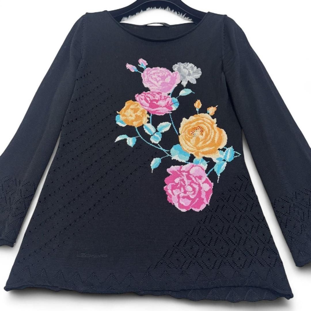 絹 LEONARD 花柄 ニット ラインストーン ブラック M