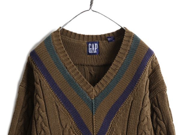 90s OLD GAP チルデン ケーブル ニットセーター M Vネック カーキ-