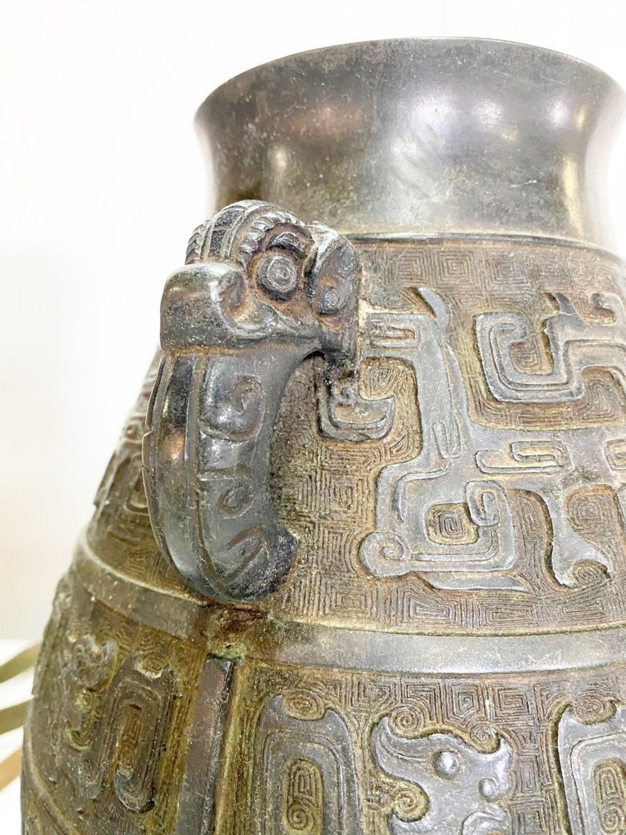 骨董古美術時代物/「古銅両耳晩餐紋壺」龍付壺式有両耳/四世秦蔵
