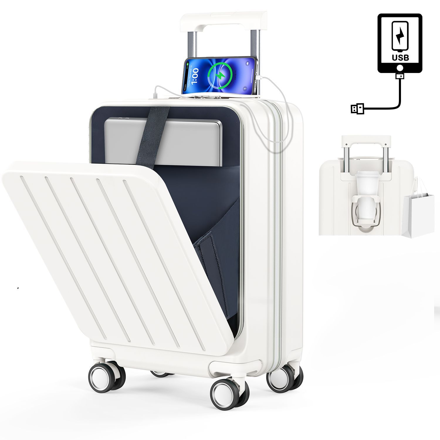 スーツケース キャリーバッグ BARGOCHブランド 機内持ち込み フロントオープン Sサイズ 20インチ 拡張機能付き 修学旅行 1泊~3泊 キャリーケース ホワイト
