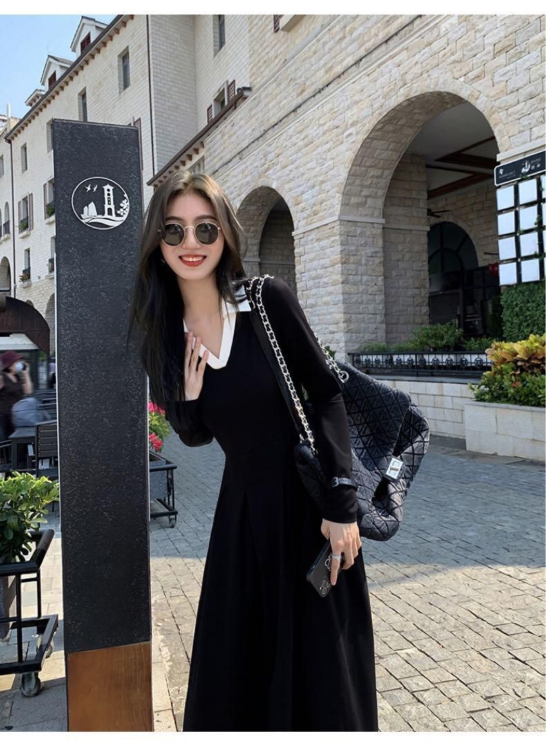 春セクシーコントラストニットドレスロング丈ワンピース