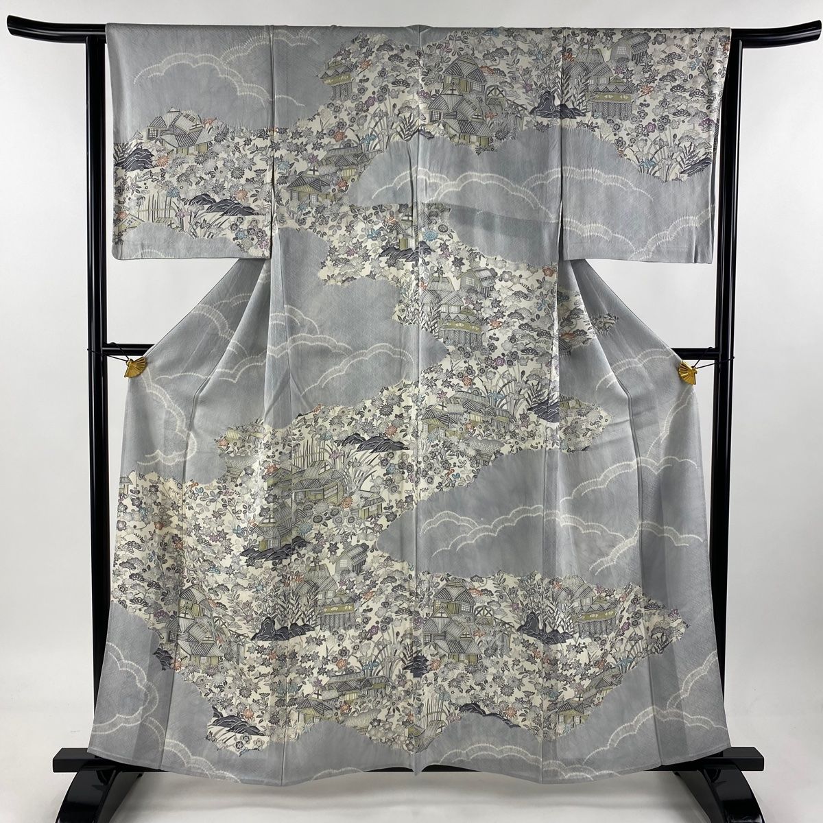 訪問着 身丈158cm 裄丈64cm M 単衣 家屋 松竹梅 絞り 青灰色 正絹 名品 一つ紋