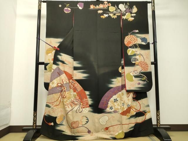 (あ694)珍品‼️縮緬 型染めアンティーク振袖㊗️青海波 鶴 松柄扇 鼓 ✨ あ694)珍品‼️縮緬 型染めアンティーク振袖㊗️青海波 鶴 松柄扇
