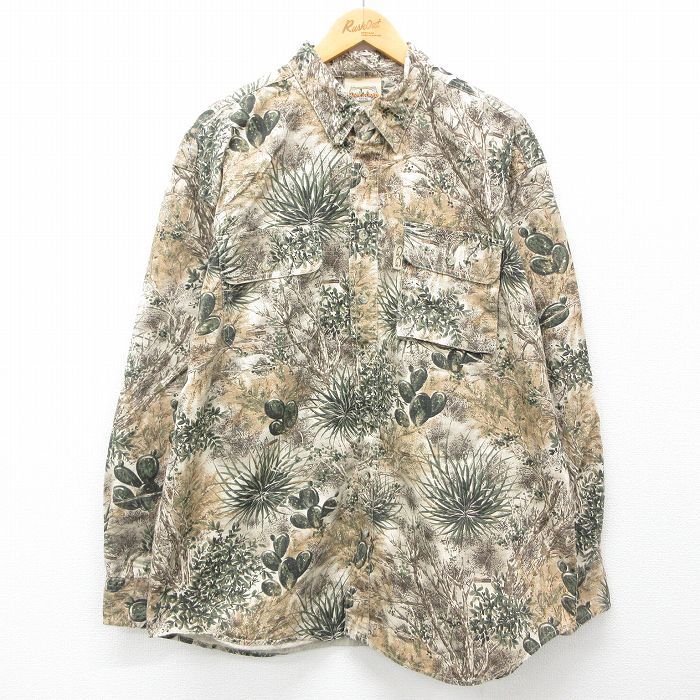 XL/古着 長袖 ハンティング シャツ メンズ リップストップ 大きいサイズ ロング丈 コットン ボタンダウン ベージュ他 カーキ 24aug20 中古 