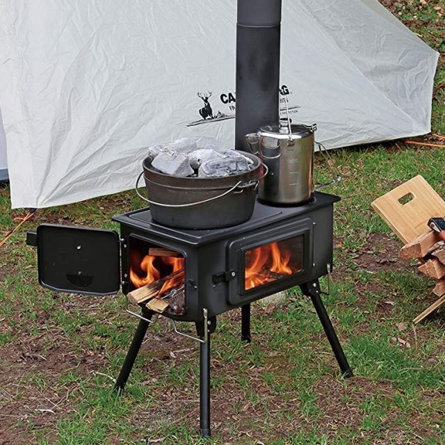 薪ストーブ キャプテンスタッグ CAPTAIN STAG ストーブ BBQ KAMADO かまど 煙突 ガラス窓付 角型ストーブ 収納バッグ付き UG-75 UG-0075 キャンプ ソロキャン