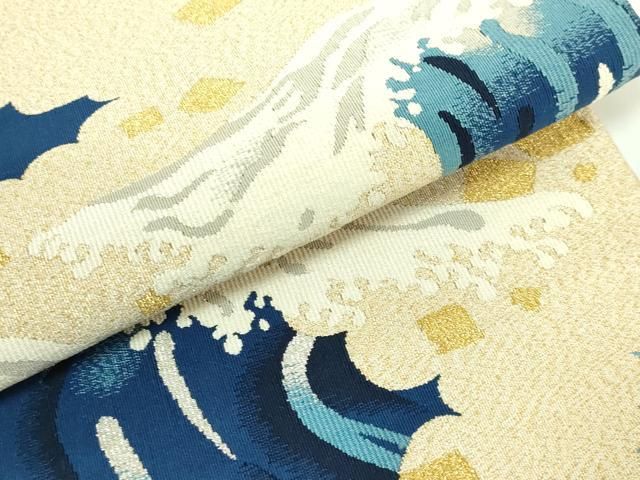 平和屋本店■極上　爪掻き本綴れ　八寸名古屋帯　立波文　金銀糸　共箱付き　逸品　DZAB0532kh5 平和屋本店□極上 爪掻き本綴れ 八寸名古屋帯 立波文 金銀糸 共箱付き