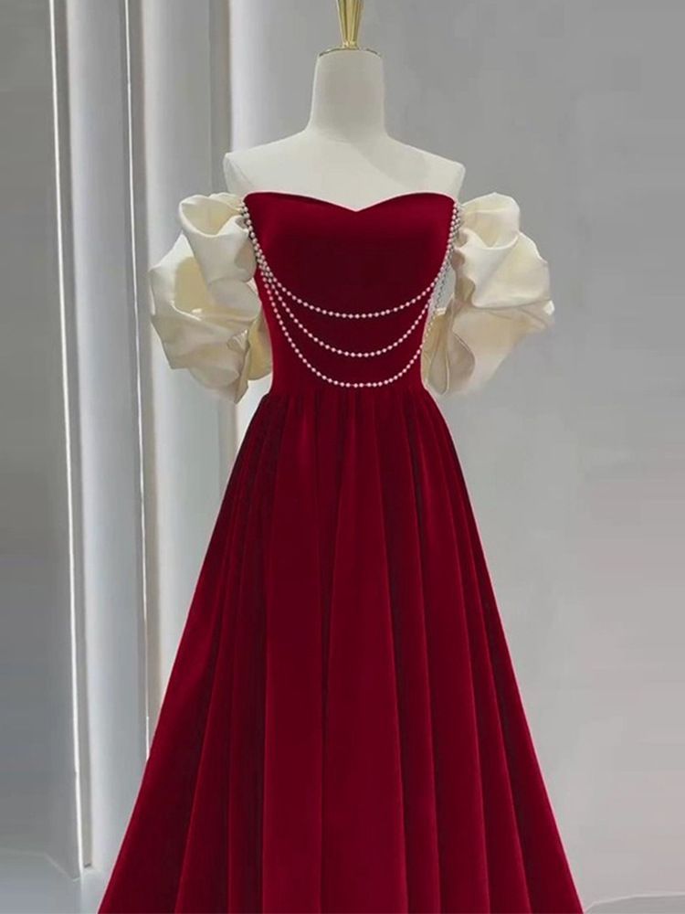 ドレス カクテルドレス ロングドレス パーティードレス 発表会 演奏会 ステージドレス イブニングドレス 大人 赤 レッド パール飾り