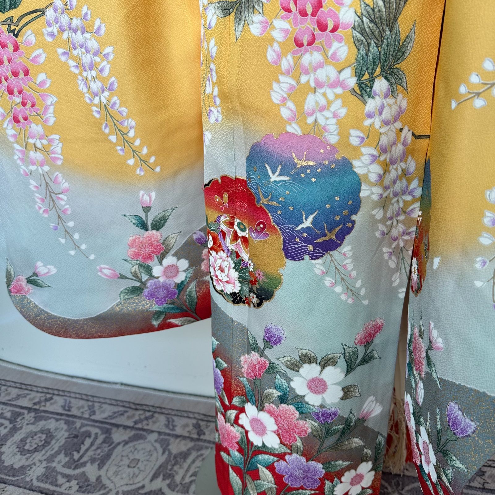 七五三 7歳女の子着物 黄色 長襦袢 帯セット 帯揚げ帯締めしごき付き