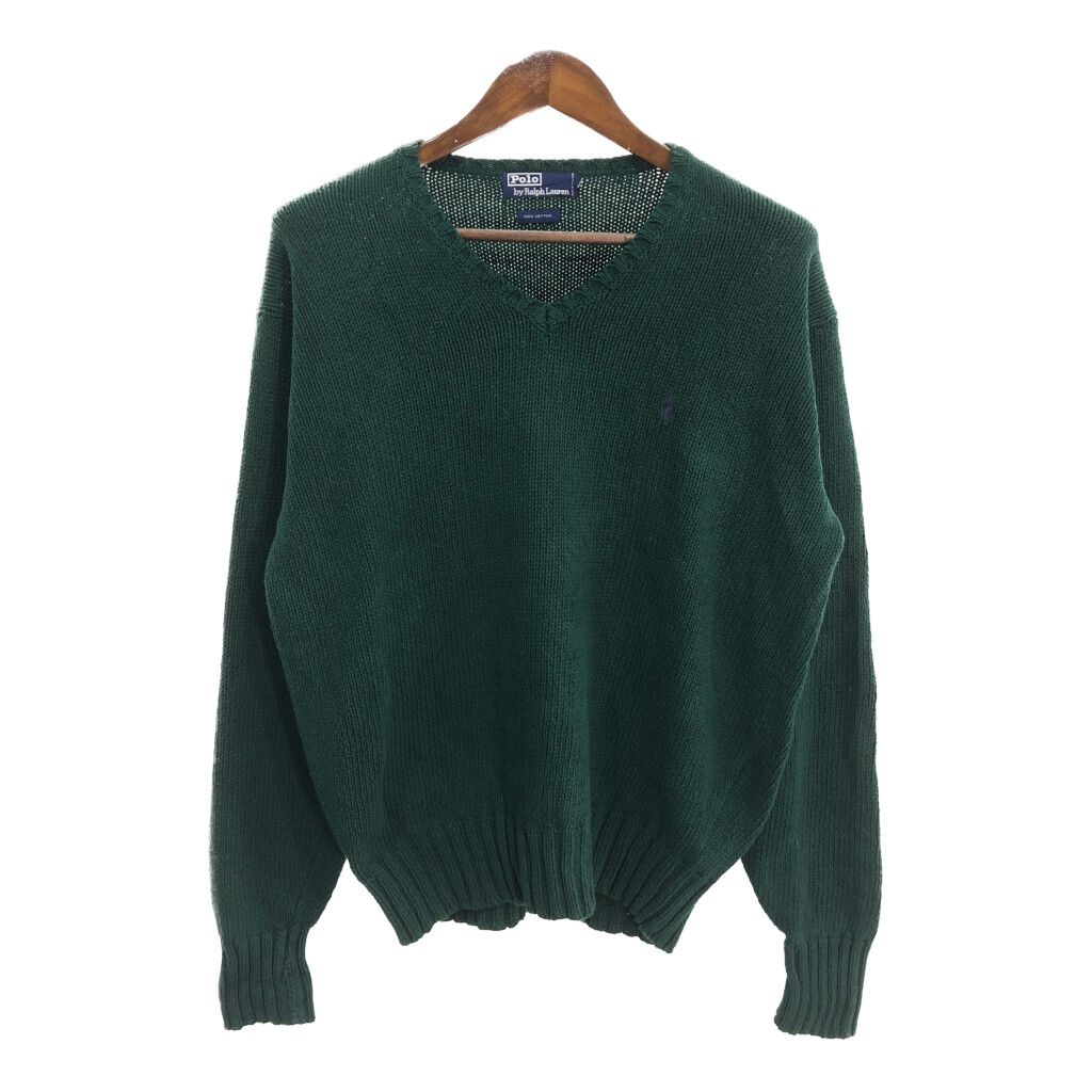 90年代 Polo by Ralph Lauren ポロ ラルフローレン Vネック コットンセーター ワンポイントロゴ グリーン (メンズ M) 中古 古着 R1490