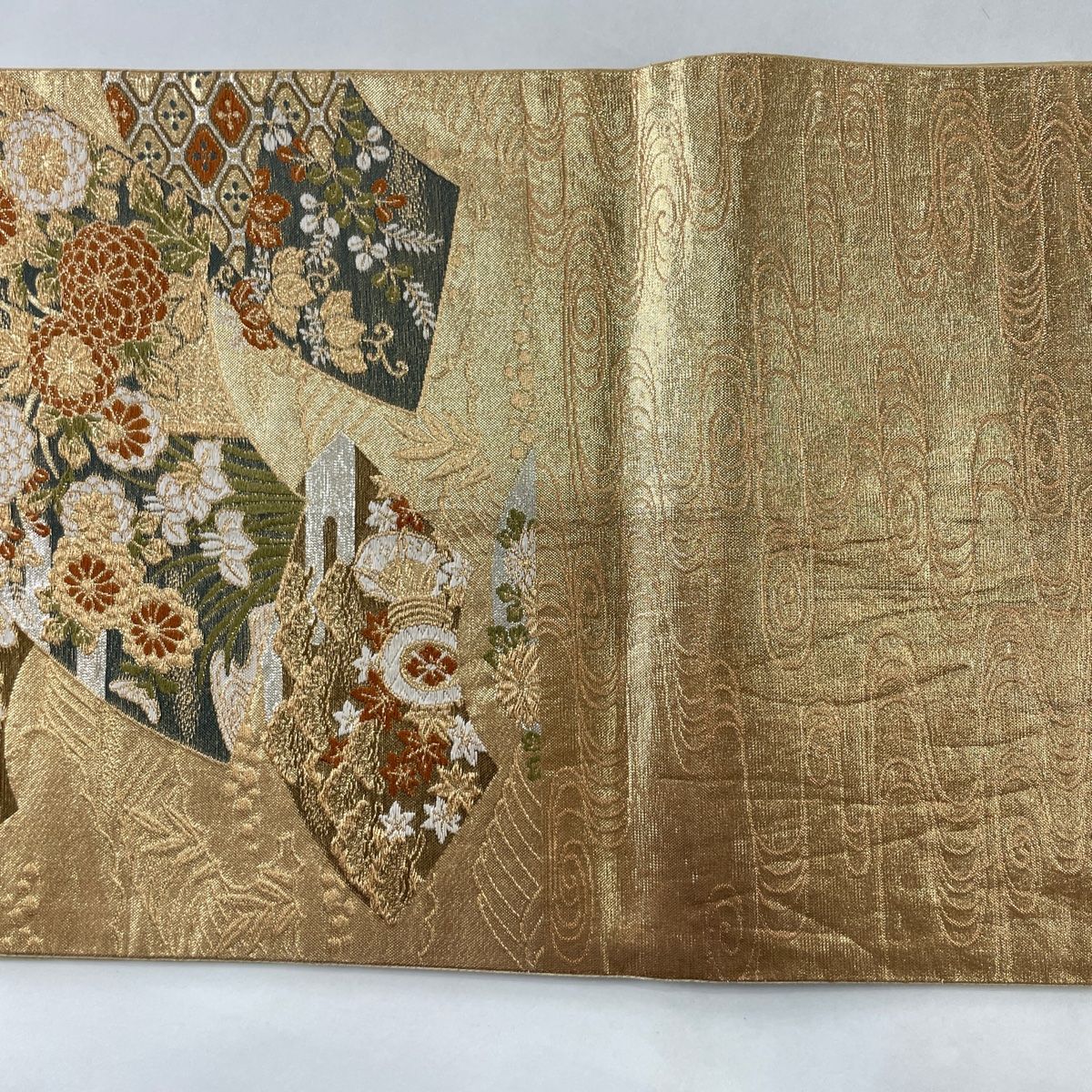 数量は多い 袋帯 美品 【中古】 正絹 六通 金色 箔 金糸 扇面 草花 秀