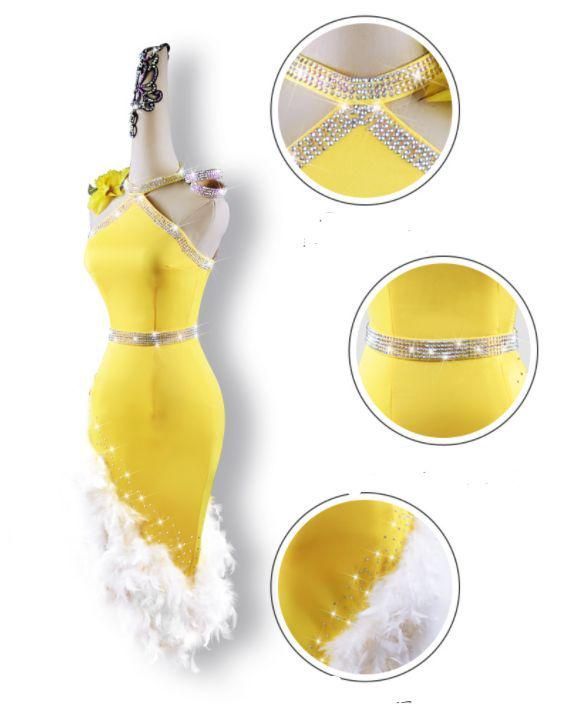 社交ダンス衣装　ラテンワンピースドレス　豪華 羽スカート オーダーメイド 社交ダンス衣装 ラテンドレス 羽根 ラテンワンピース 豪華 オーダー