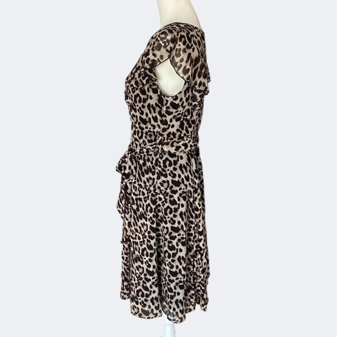  QUIZクイズ 秋冬レオパード柄ブラウンアニマル カシュクールフ ワンピースL 半袖 ひざ丈ワンピース