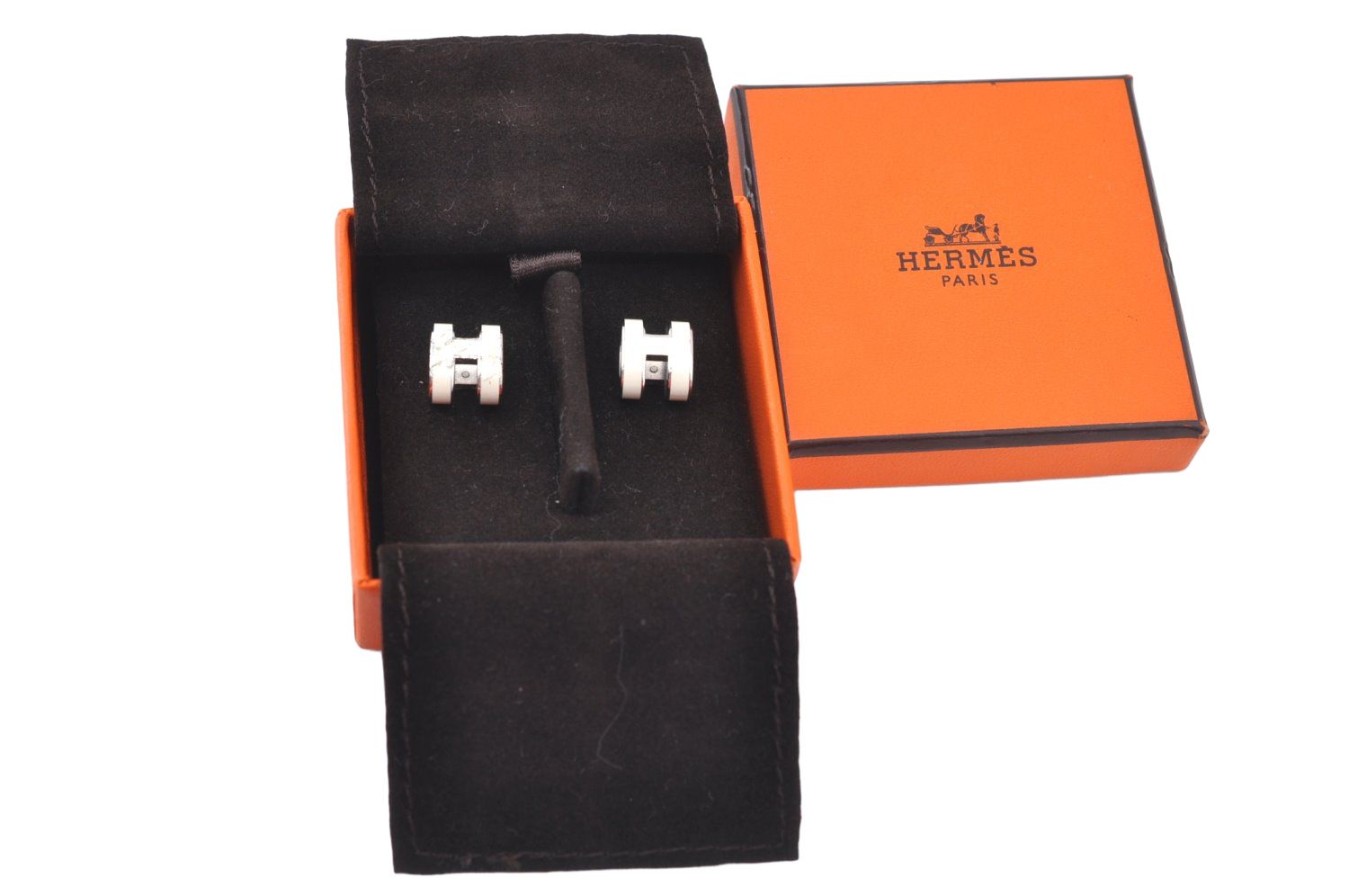HERMES エルメス H ロゴ イヤリング シルバー トーン ホワイト 箱 1559M