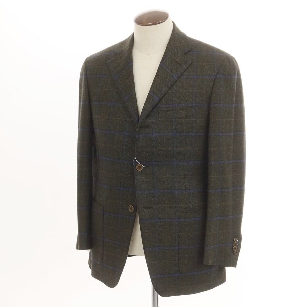 【中古】カンタレリ Cantarelli BARNEYS NEW YORK別注 カシミヤ チェック 3B テーラードジャケット オリーブ系【サイズ48 7R】【メンズ】