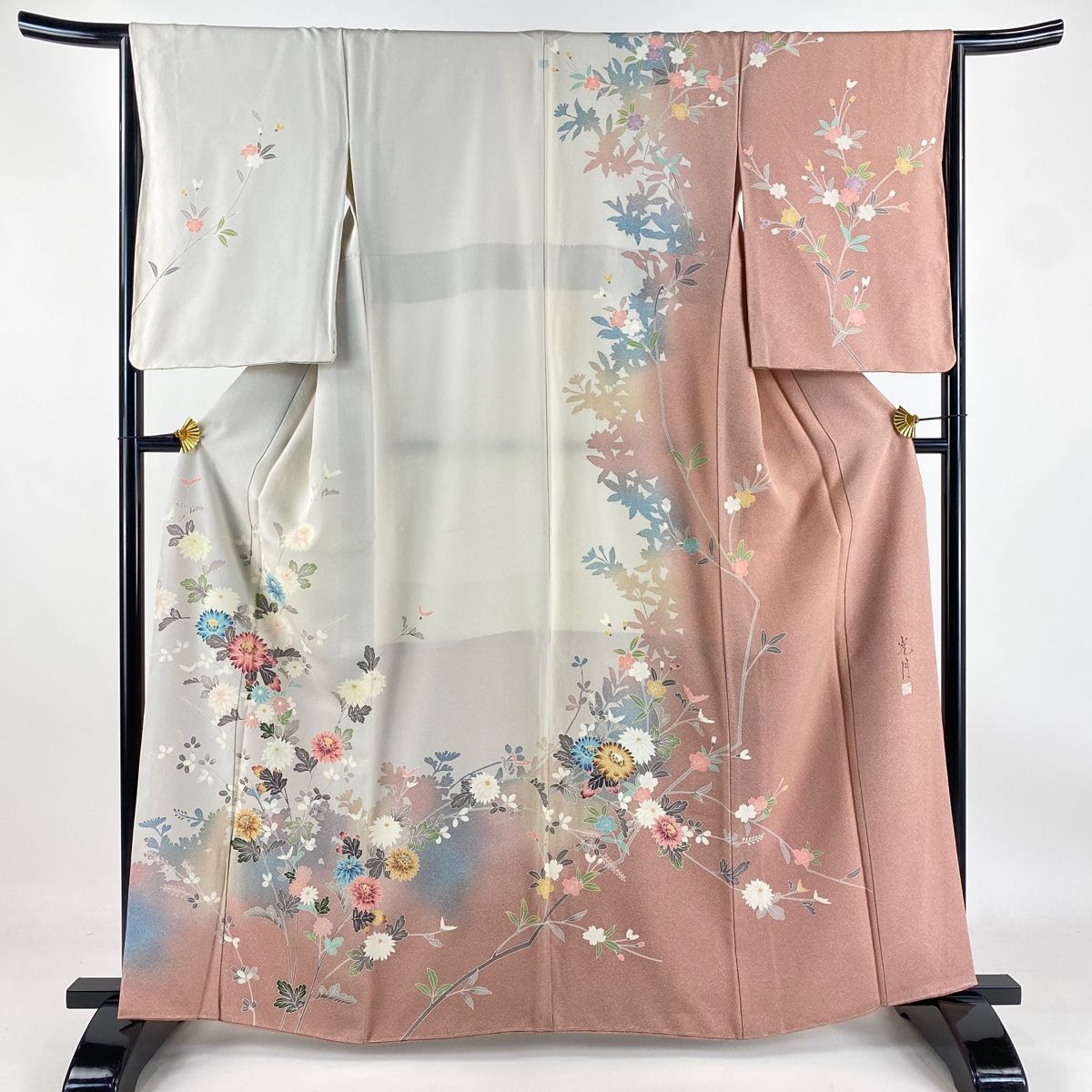 訪問着 身丈161.5cm 裄丈64.5cm M 袷 落款 菊 シルエット ぼかし