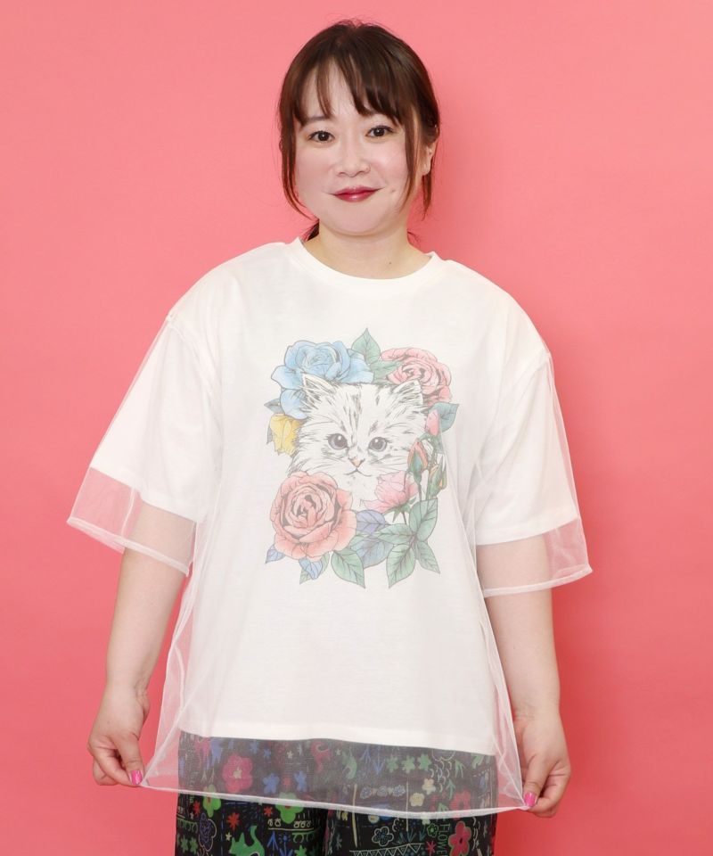 ス 152618 花とネコちゃん柄 チュール重ねプルオーバー