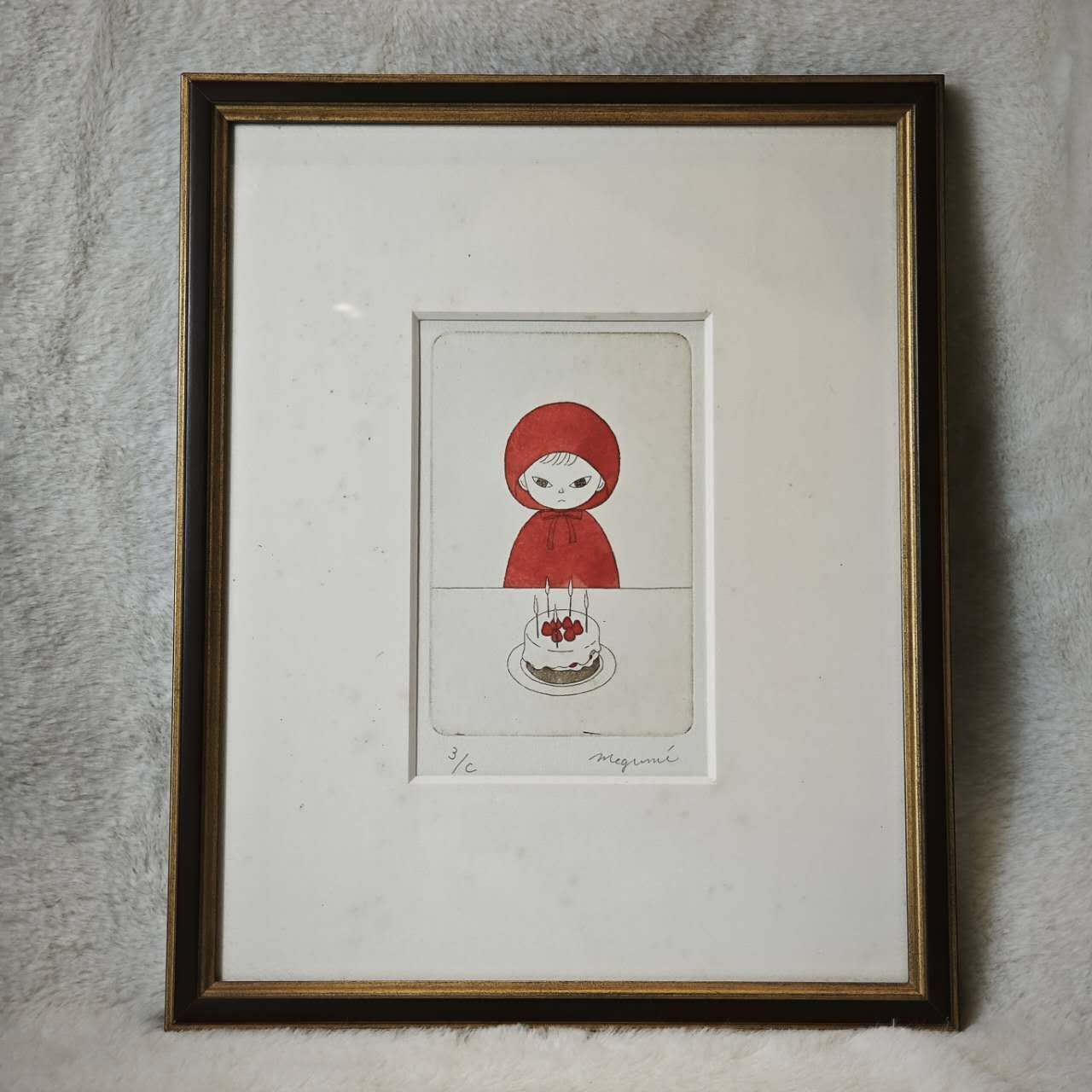 めぐみ作 赤いずきんの子 バースデーケーキと子供 版画