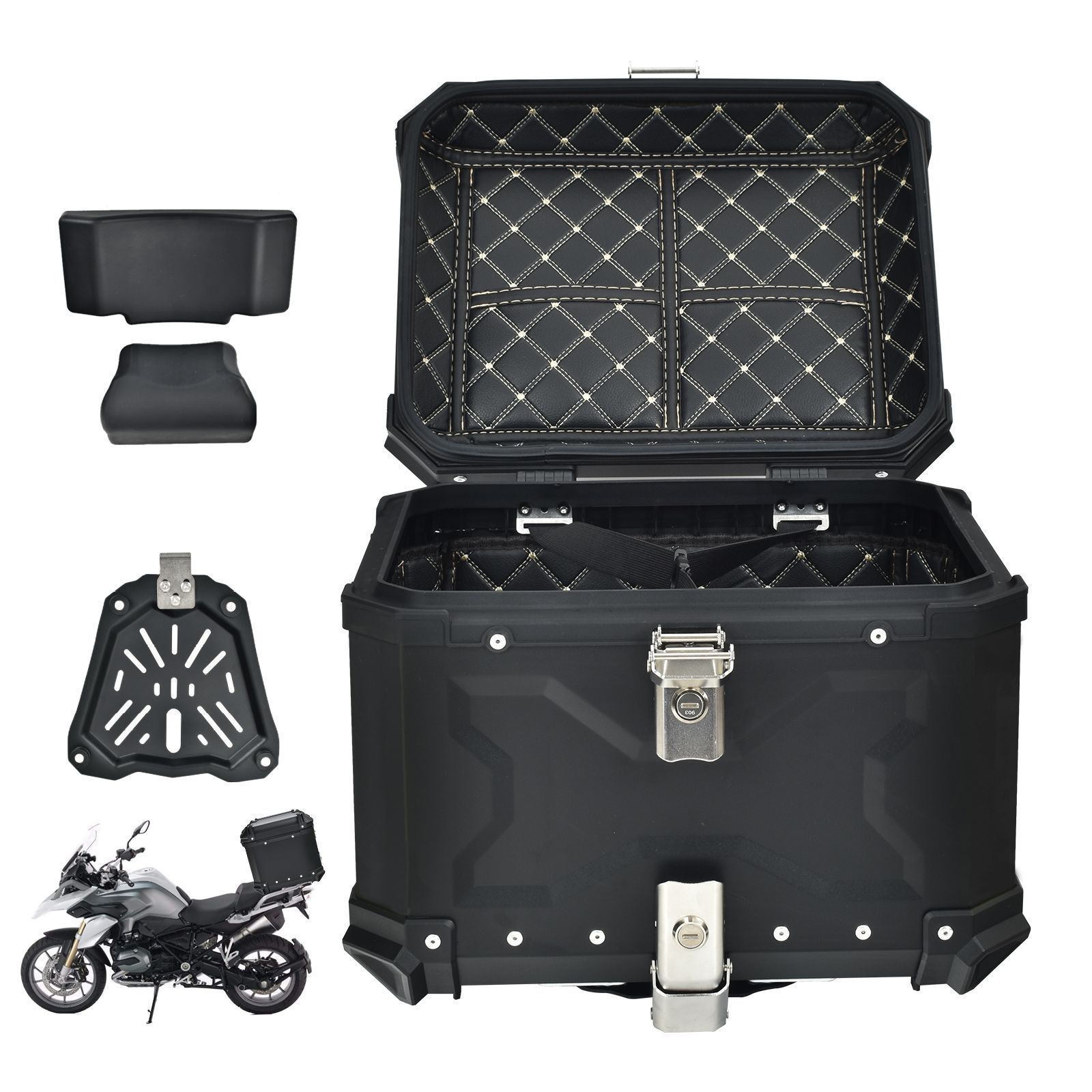 リアボックス バイク用 45L 大容量 防水 防塵 アルミ 取付ベース付 鍵2本付 簡単脱着 フルフェイス対応 四角 バイクボックス トップケース